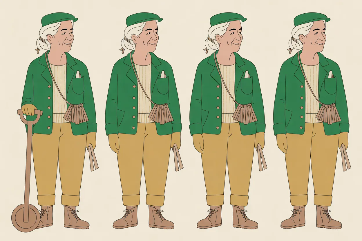The Dawn Porter character sheet on a warm cream background: four full-length views of her turned three-quarters to the right, all with the same closed-mouth smile. In every view she has light skin and white hair tied in a low knot under a flat forest-green cap, and wears a forest-green jacket with brass buttons over a cream knit sweater, rolled tan trousers, tan gloves and brown lace-up boots, with a white stick in her breast pocket, a fringed tan bundle on a cord across her body and two tan strips in one hand; in the first view her other hand rests on a long wooden handle with a small wheel at its foot.