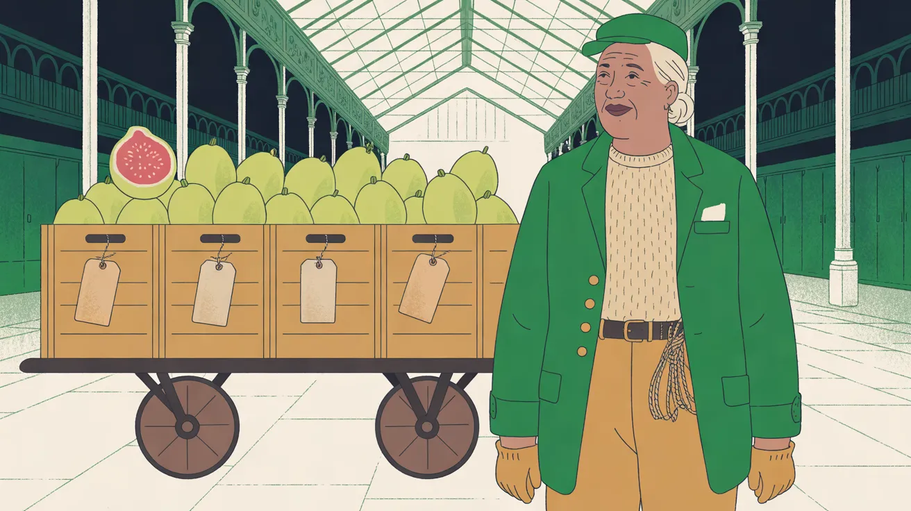 The Dawn Porter, an older woman with light, weathered skin and white hair pinned up under a flat forest-green cap, stands at the right, seen from the thighs up and looking off to the left with a slight smile, in a forest-green jacket with brass buttons over a cream knit sweater, tan trousers with a coil of string at her belt, and tan work gloves. To her left a long flat wooden barrow on two large spoked wheels carries a row of wooden crates heaped with pale-green guavas, one split open to show its pink centre, with a blank tan paper tag on string hanging from each crate. Behind them a market hall with white iron columns, green arcades and a pale glass roof stretches back over flagstones.