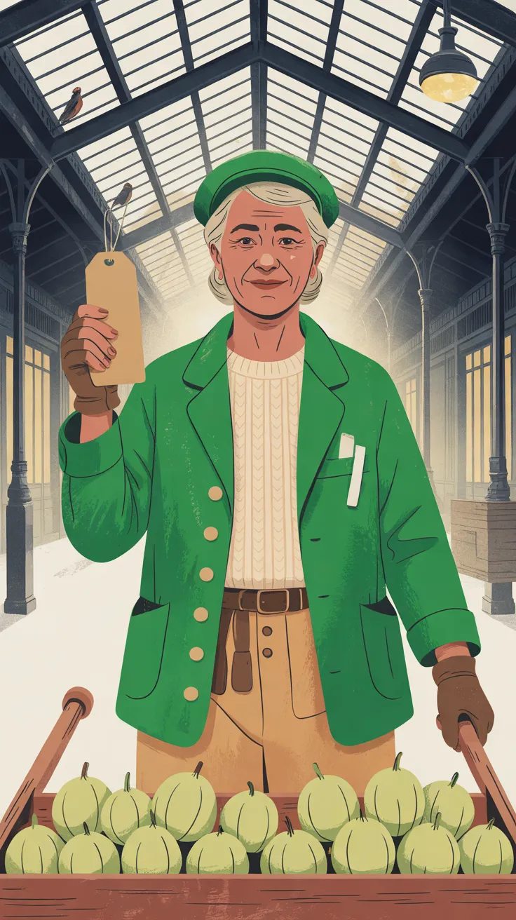 The Dawn Porter, an older woman with light, weathered skin and white hair under a flat forest-green cap, stands behind a wooden barrow heaped with pale-green guavas, holding up a blank tan paper tag on a string in one gloved hand and gripping a barrow handle with the other. She wears a forest-green jacket with brass buttons over a cream cable-knit sweater, tan trousers with a brown belt and brown fingerless gloves, with two small white sticks in her breast pocket. Above her the iron-and-glass roof of the market hall glows with pale light, a lit lamp hangs at the top right and two small birds sit on the beams.
